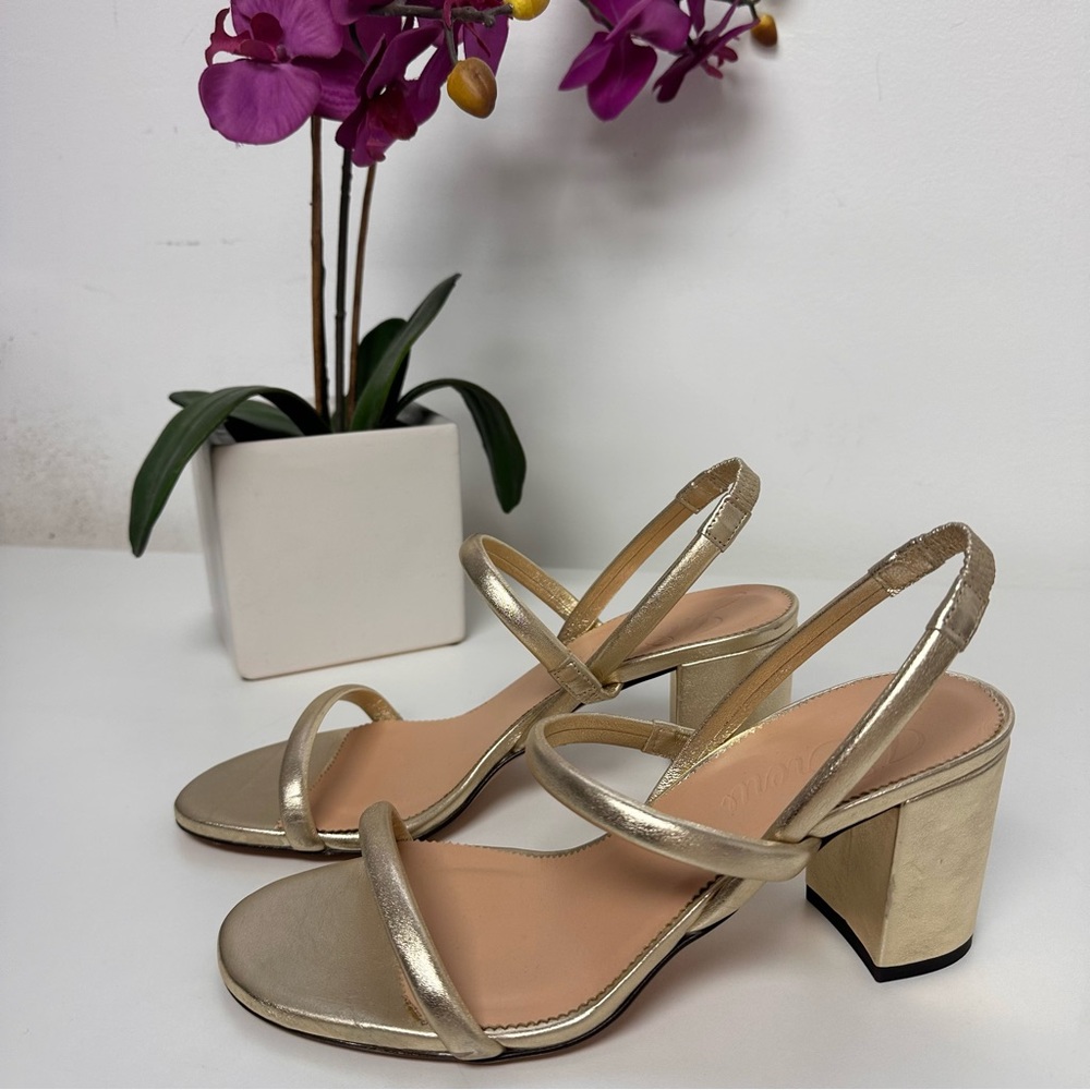J Crew Lucie Slingback Block Heel Sandals in Gold Metallic Leather